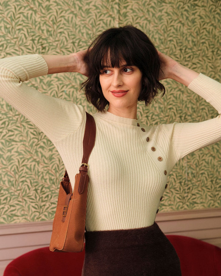 The Beige Mock Neck Ribbed Knit Top - Celestia Couture