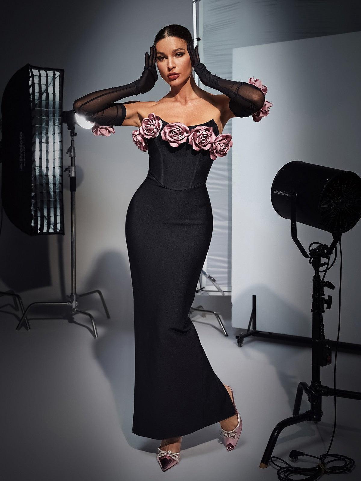 Elegantly Strapped Flower Corset Bandage Dress with Stylish Gloves - Celestial Couture