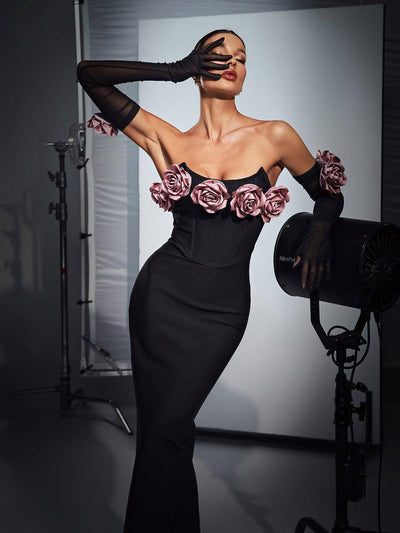 Elegantly Strapped Flower Corset Bandage Dress with Stylish Gloves - Celestial Couture