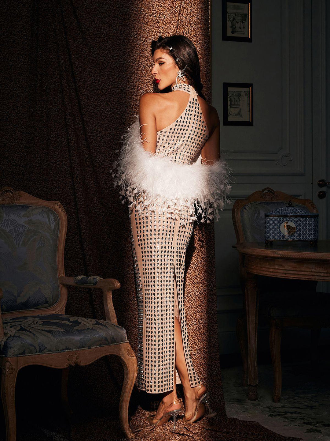 Glamorous Rhinestone Feather Maxi Dress with Halterneck Detail - Celestia Couture