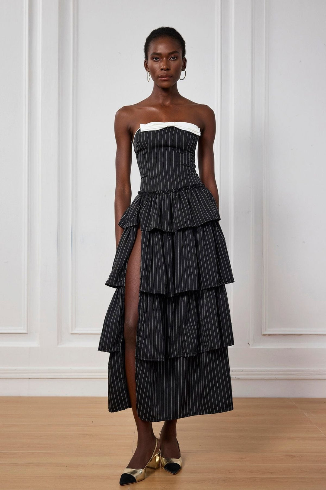 Ruthie Stripe Off Shoulder Ruch Maxi Dress - Celestia Couture