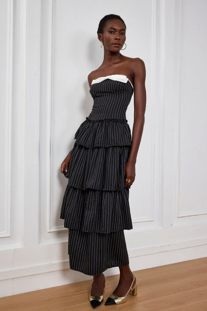 Ruthie Stripe Off Shoulder Ruch Maxi Dress - Celestia Couture