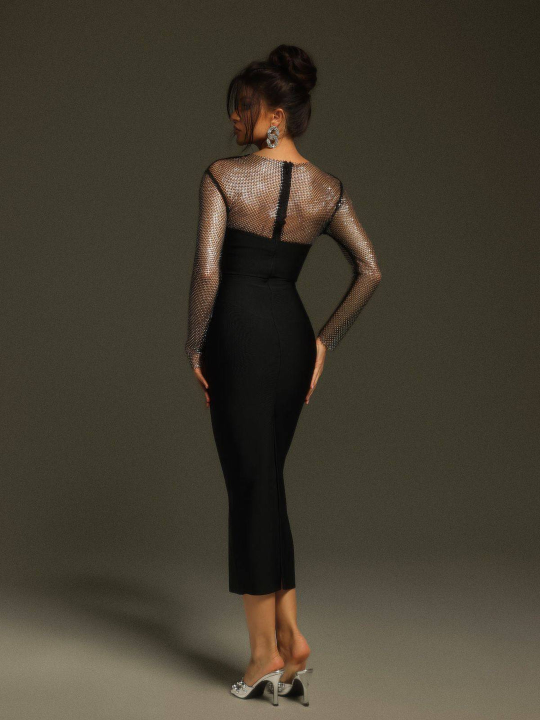 Celestia - Long Sleeve Crystal Bandage Midi Dress - Celestia Couture