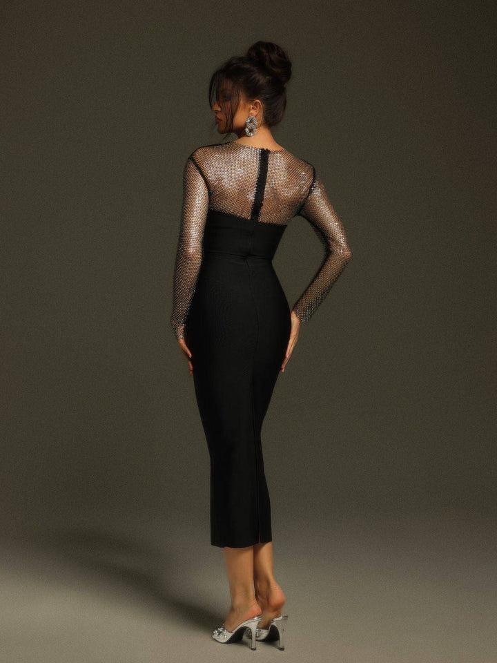 Celestia - Long Sleeve Crystal Bandage Midi Dress - Celestia Couture