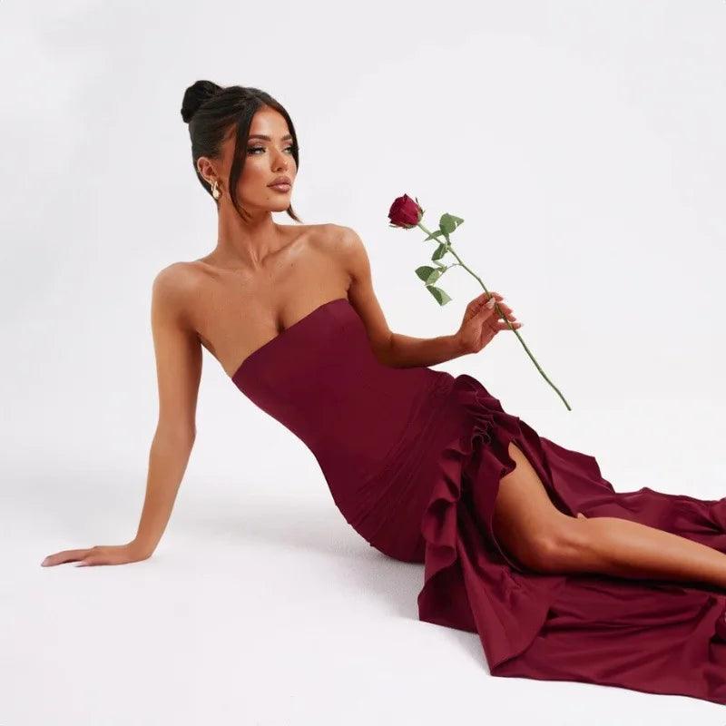 Strapless Ruffle Backless Sexy Dress Women 2024 Elegant Evening Prom Dress Bodycon Maxi Long Summer Dress Vestidos - Celestial Couture
