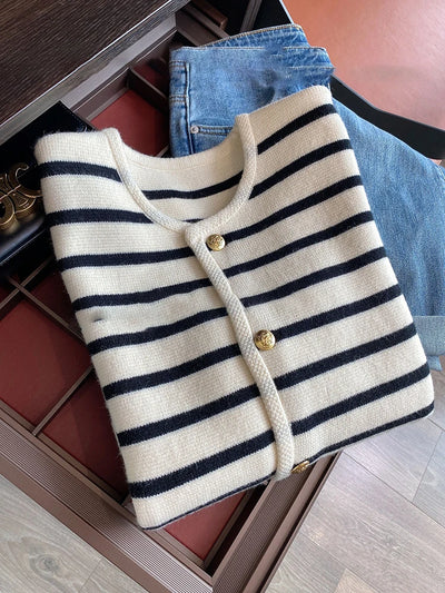 Milanova Women Spring Autumn Sweaters O-neck Stripe Knitted Cardigan Fashion Long Sleeve Casual Short Tops Korean Style New