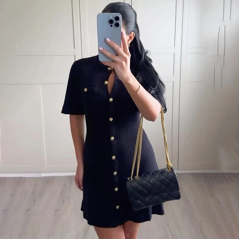 Merlin Elegant White Knitted Mini Dress Women Sexy Slim Fit Ribbed Knit Dress Metal Button Short Sleeve Holiday Party Mini Dress