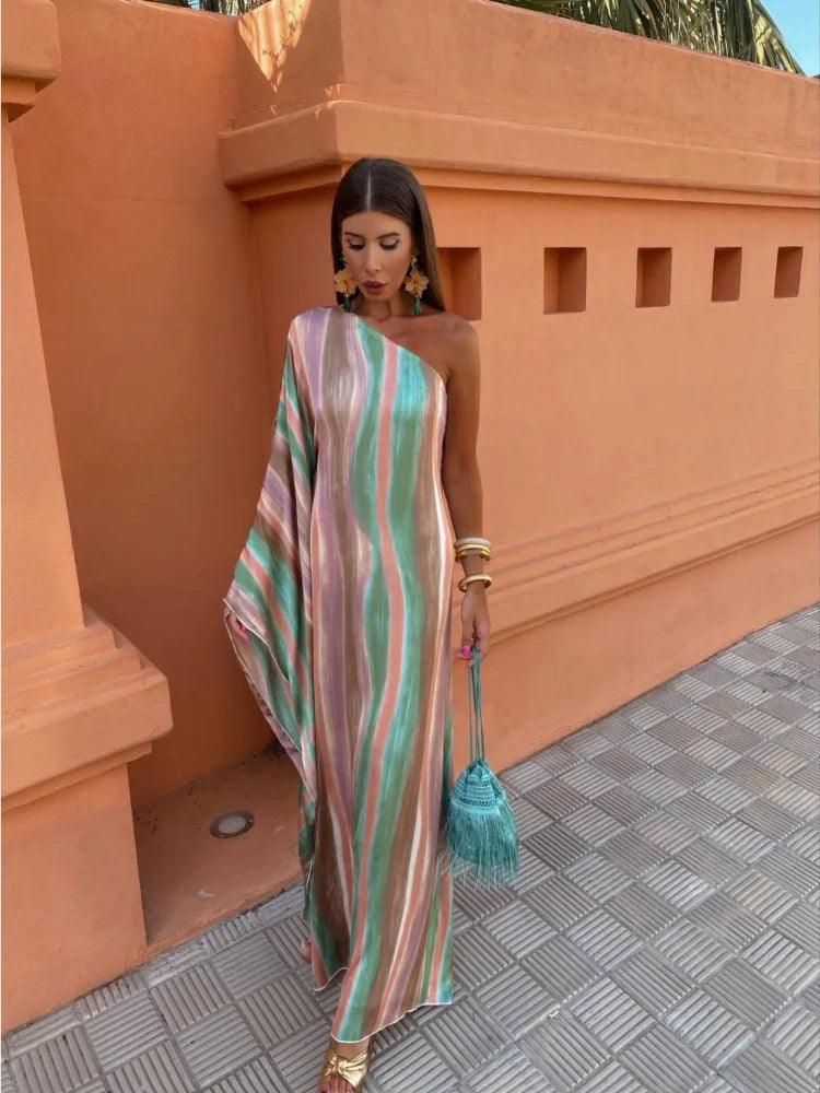 Striped Contrasting Oblique Shoulder Women's Sundress 2024 New Asymmetric Sleeves Long Dress Ladies Summer Party Evening Clothes - Celestia Couture