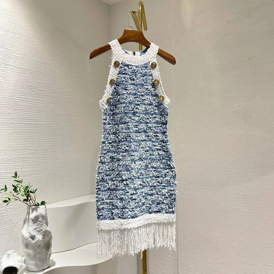 Summer High Quality Blue Sleevless Fringed Tassels Knit Buttons Women Mini Dress - Celestial Couture