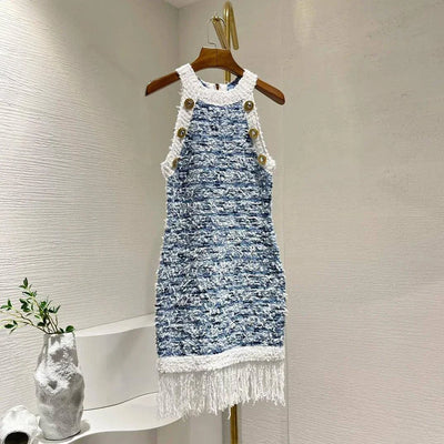Summer High Quality Blue Sleevless Fringed Tassels Knit Buttons Women Mini Dress - Celestial Couture