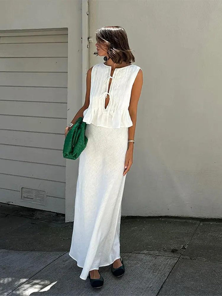 Folded Ruffles Lace Up Top Women Suits Chic Sleeveless Shirt Long Skirt 2 Pieces Set 2024 Summer Lady Office Highstreet Outfit - Celestia Couture