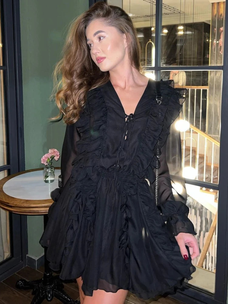 Women's Sheer Lace Mesh Deep V Neck Ruffle Bandage Dress - Elegant and Sexy Oversized Cover-Up - Celestial Couture
