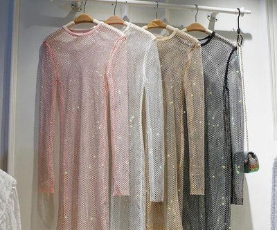 Sidaimi New Women Crystal Diamond Sexy Bodycon Dress Hollow Out Long Sleeve Mini Dress Female See Through Rhinestone Party Dress - Celestial Couture