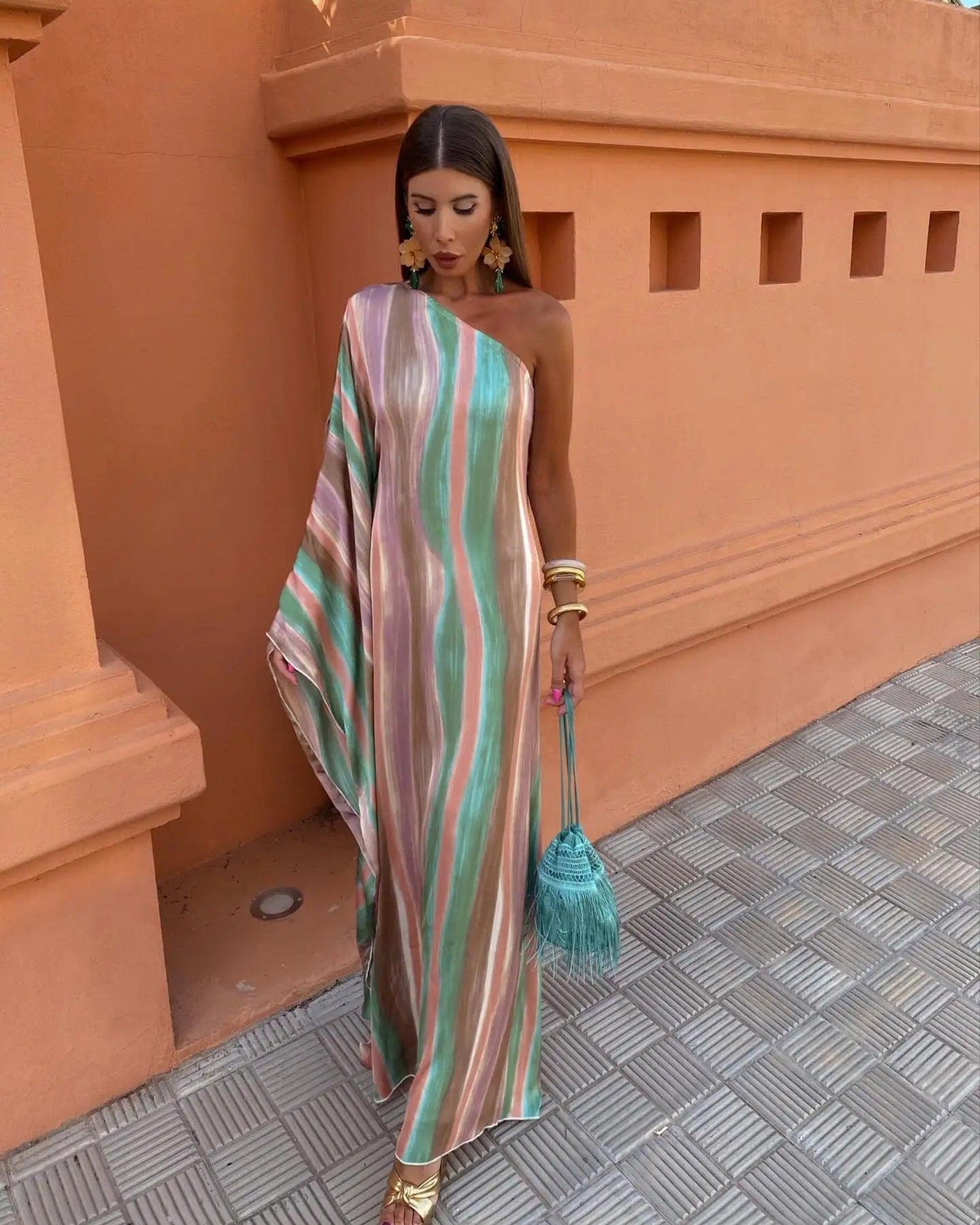 Striped Contrasting Oblique Shoulder Women's Sundress 2024 New Asymmetric Sleeves Long Dress Ladies Summer Party Evening Clothes - Celestial Couture