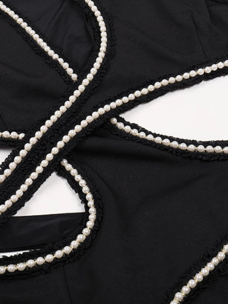 Stella Noir Sexy Sleeveless Cutout Lace Beading Long Dress Women Black Pearl Side Slit Bodycon Dresses Evening - Celestial Couture