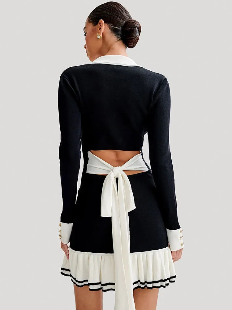 Lauren Ruffled Bow Knit Mini Dress Women's Summer Backless Contrast Cardigan Lace-Up Elegant Dress Female Knitwear Bandage Dress