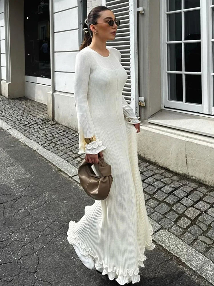 Women Elegant Ruffle Hem Knit White Long Dress O-neck Flare Long Sleeve Backless Bandage Dresses 2024 New Evening Party Robes - Celestia Couture
