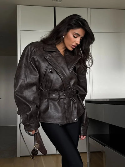 ALISE Retro Lapel Belt Leather Jacket