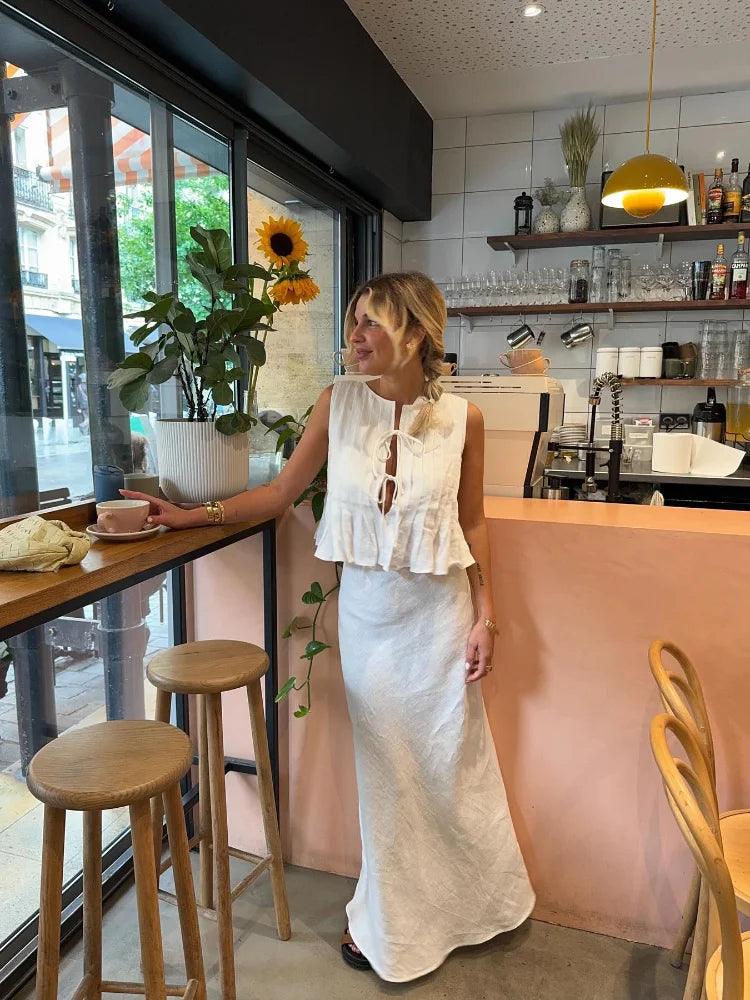 Folded Ruffles Lace Up Top Women Suits Chic Sleeveless Shirt Long Skirt 2 Pieces Set 2024 Summer Lady Office Highstreet Outfit - Celestia Couture