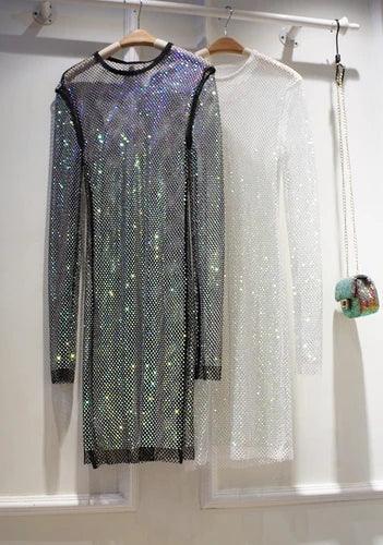 Sidaimi New Women Crystal Diamond Sexy Bodycon Dress Hollow Out Long Sleeve Mini Dress Female See Through Rhinestone Party Dress - Celestial Couture