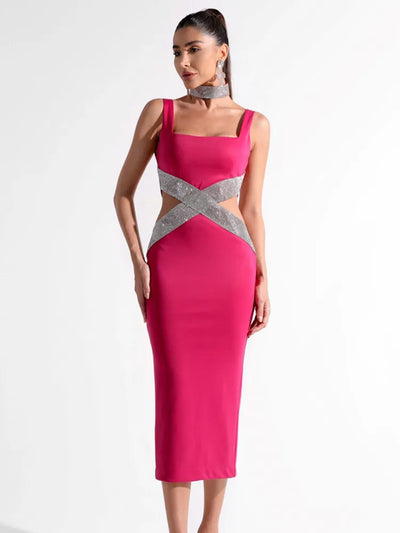 Chloe Enigma Sexy Backless V Neck Cutout Diamonds Black Dress 2024 Elegant Evening Club Party Dress - Celestial Couture