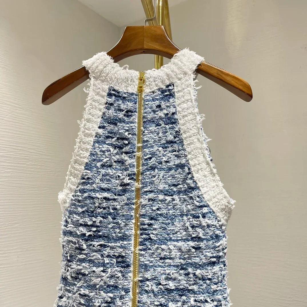Blue Sleevless Fringed Tassels Knit Buttons Women Mini Dress - Celestia Couture