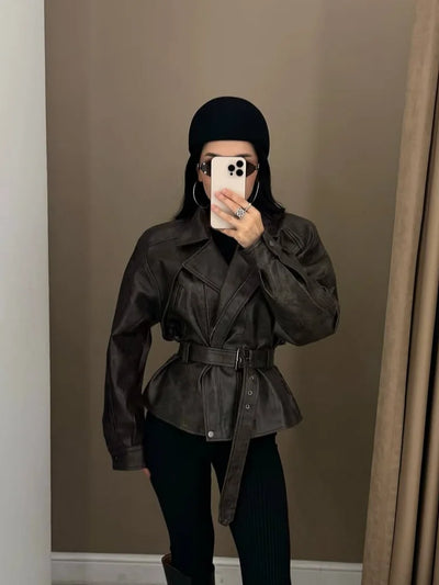ALISE Retro Lapel Belt Leather Jacket