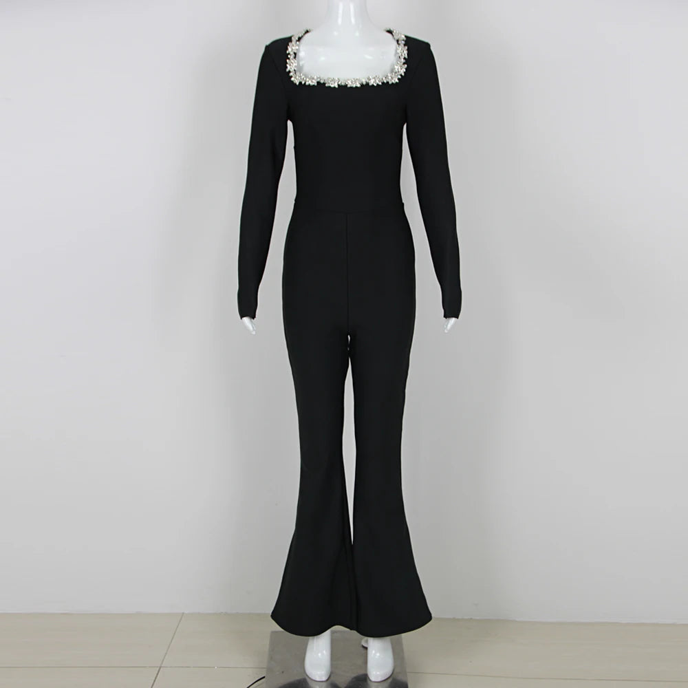Ella Phantom Women's Black Bandage jumpsuit Square Neck Diamond High Waist Wide Leg jumpsuit Elegant Party jumpsuit - Celestial Couture