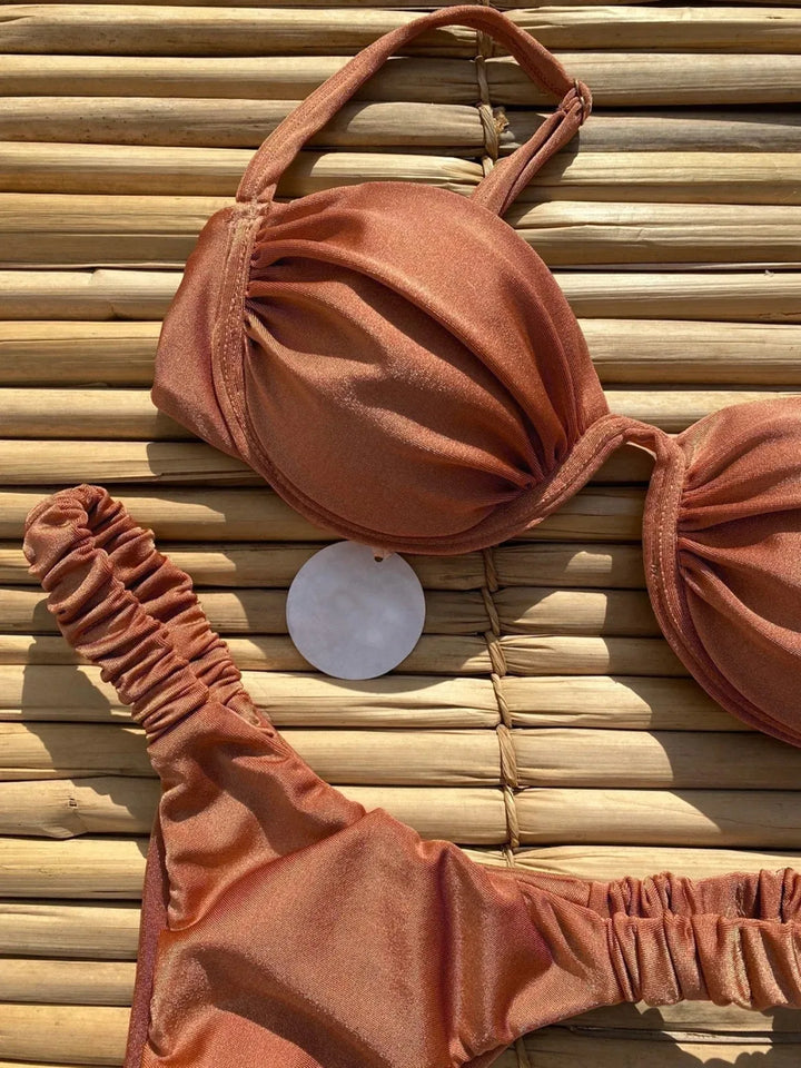 "Pearl Radiance" Ruched White Bikini Set - Elegant Push-Up Swimwear for Beach and Pool - Celestial Couture