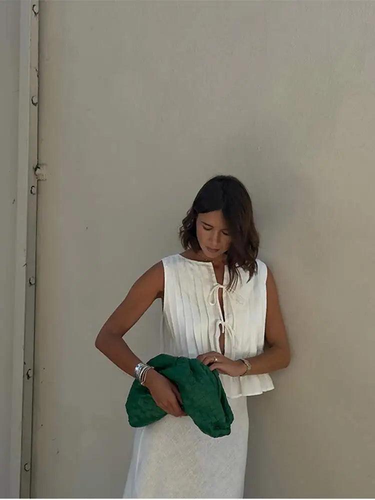 Folded Ruffles Lace Up Top Women Suits Chic Sleeveless Shirt Long Skirt 2 Pieces Set 2024 Summer Lady Office Highstreet Outfit - Celestia Couture