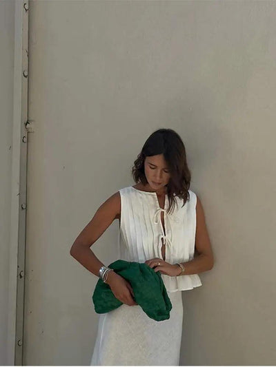 Folded Ruffles Lace Up Top Women Suits Chic Sleeveless Shirt Long Skirt 2 Pieces Set 2024 Summer Lady Office Highstreet Outfit - Celestial Couture