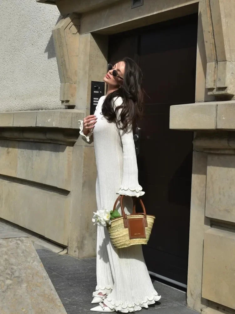 Women Elegant Ruffle Hem Knit White Long Dress O-neck Flare Long Sleeve Backless Bandage Dresses 2024 New Evening Party Robes - Celestia Couture