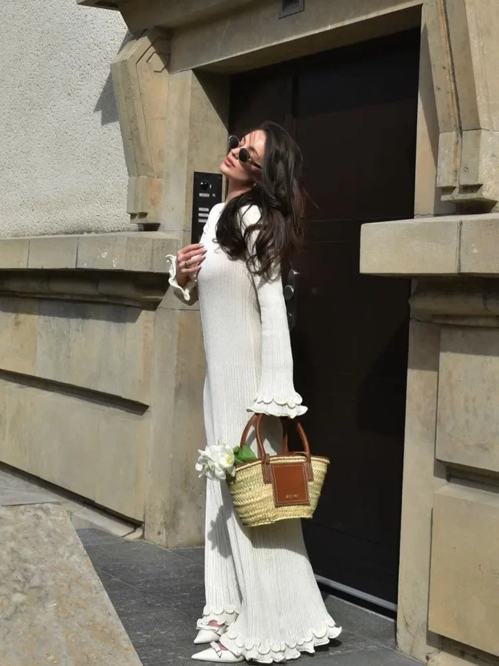 Women Elegant Ruffle Hem Knit White Long Dress O-neck Flare Long Sleeve Backless Bandage Dresses 2024 New Evening Party Robes - Celestia Couture