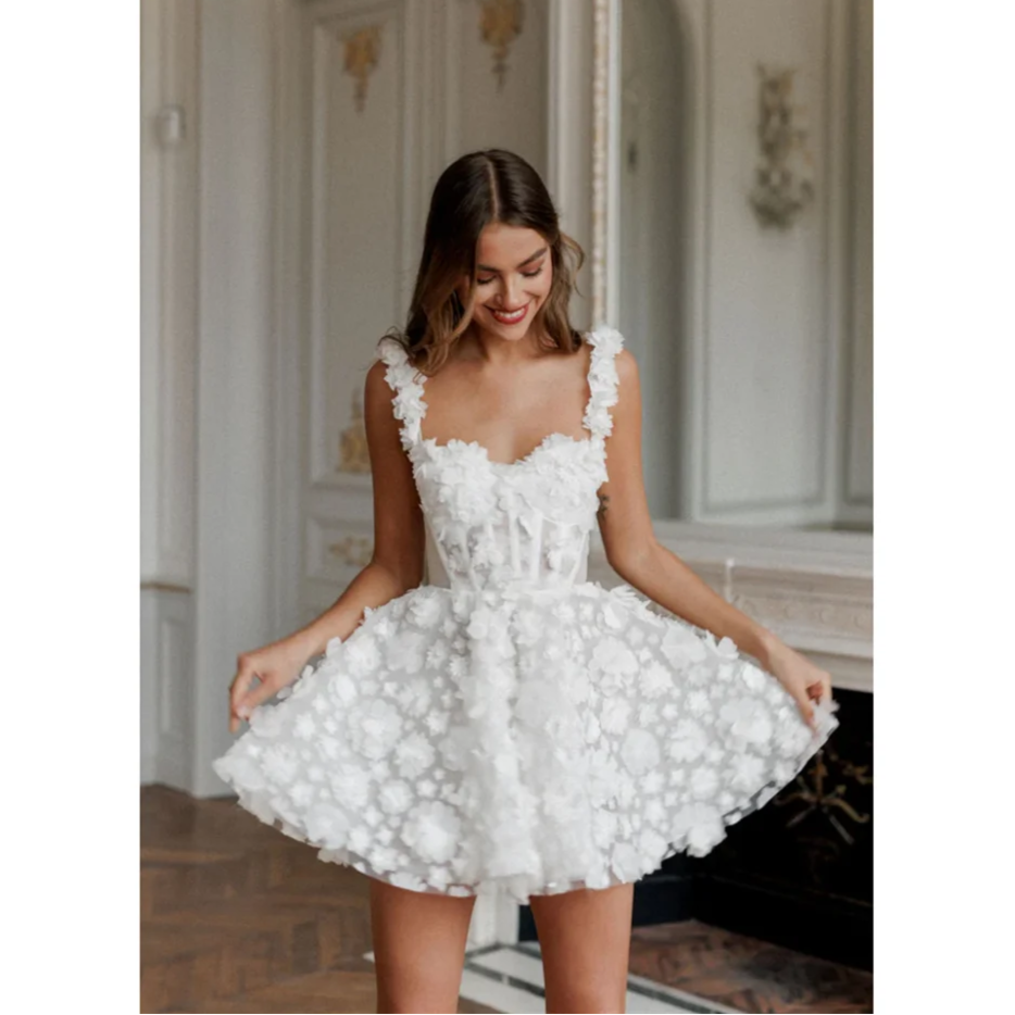 Amanda White Mini Prom Dress Flower Lace Embroidery Evening Dress Lace-up