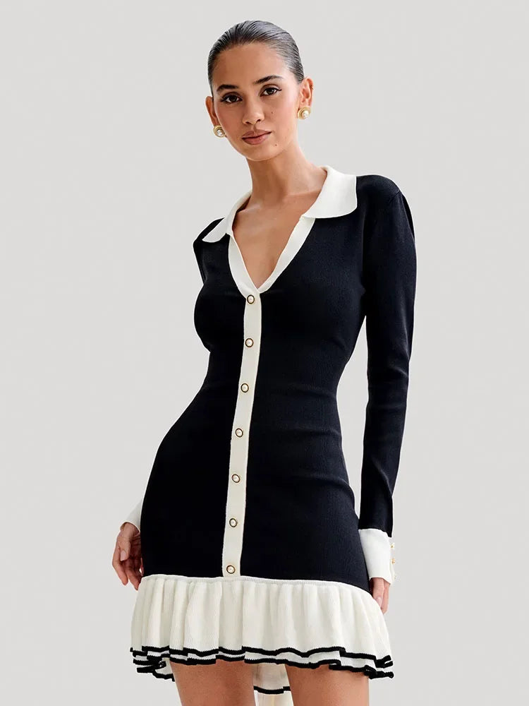 Lauren Ruffled Bow Knit Mini Dress Women's Summer Backless Contrast Cardigan Lace-Up Elegant Dress Female Knitwear Bandage Dress