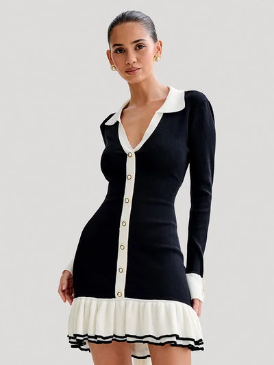 Lauren Ruffled Bow Knit Mini Dress Women's Summer Backless Contrast Cardigan Lace-Up Elegant Dress Female Knitwear Bandage Dress