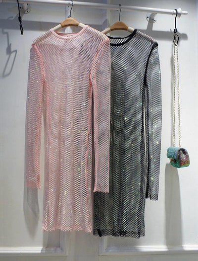 Sidaimi New Women Crystal Diamond Sexy Bodycon Dress Hollow Out Long Sleeve Mini Dress Female See Through Rhinestone Party Dress - Celestial Couture