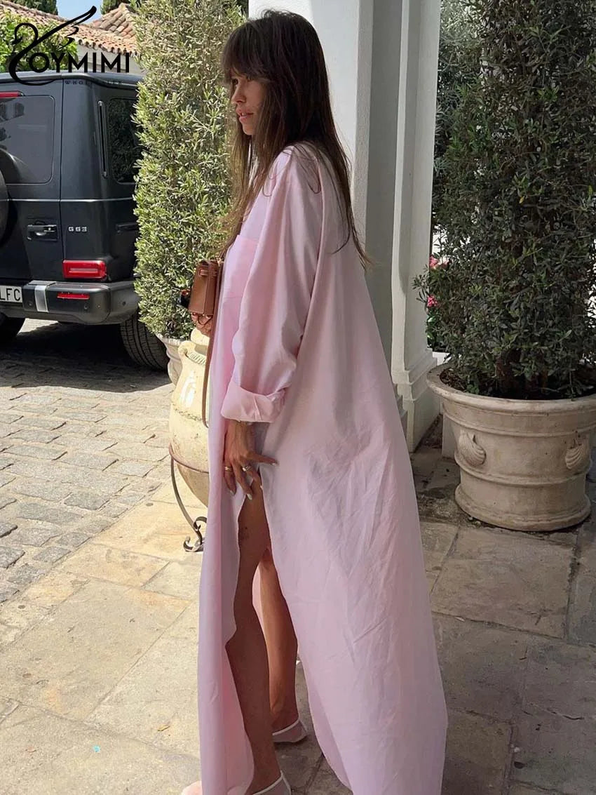 Charming Pink Long Sleeve Casual Dress for Women with Pockets and Elegant Side Slit - Floor-Length Fashion Statement - Celestia Couture