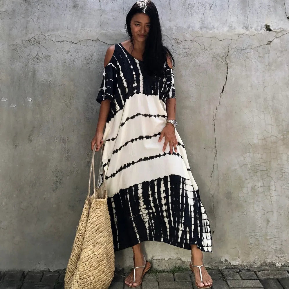 Terea-Women's Open Shoulder Long Beach Dress, Bohemian Vintage, Halo Dyeing Robe, Oversized Kaftan,  FashionWomen's clothing