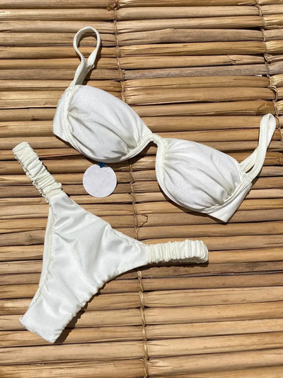 "Pearl Radiance" Ruched White Bikini Set - Elegant Push-Up Swimwear for Beach and Pool - Celestial Couture