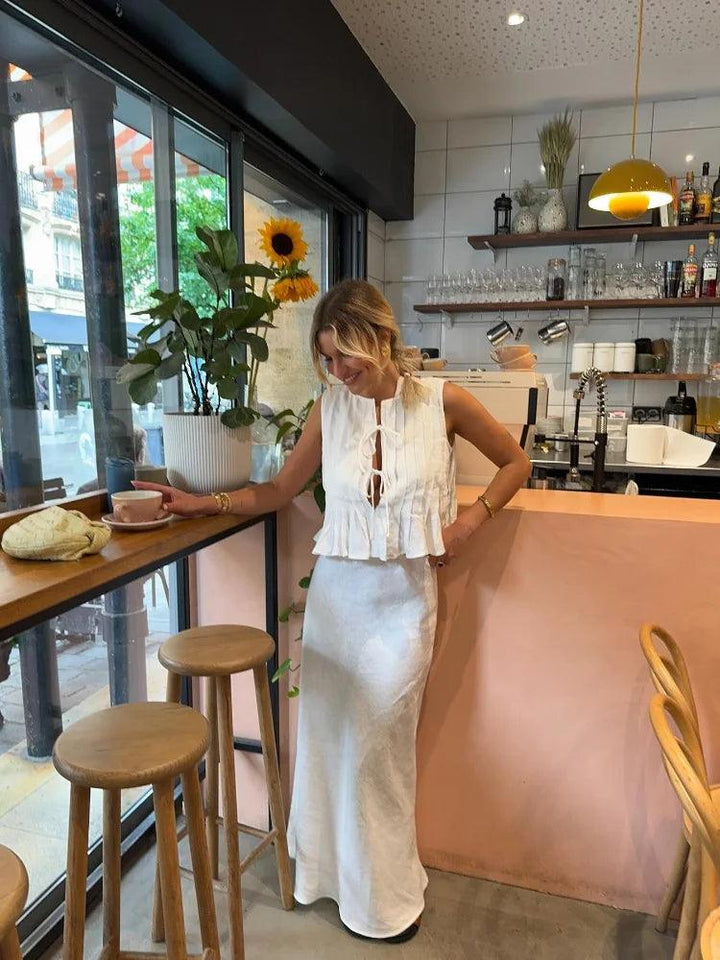 Folded Ruffles Lace Up Top Women Suits Chic Sleeveless Shirt Long Skirt 2 Pieces Set 2024 Summer Lady Office Highstreet Outfit - Celestia Couture