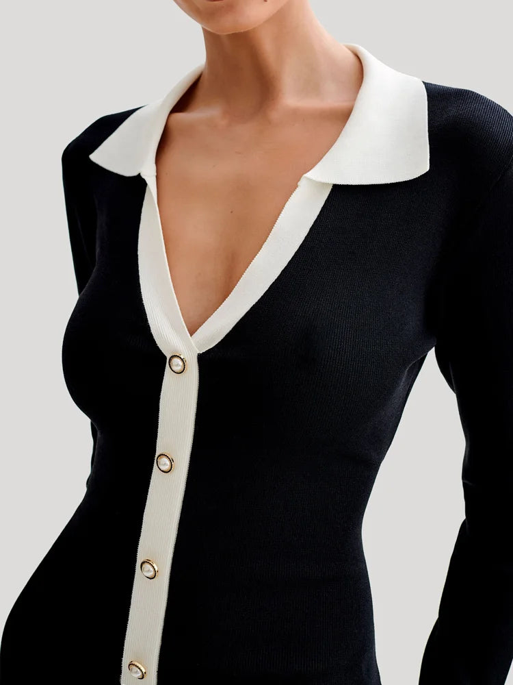 Lauren Ruffled Bow Knit Mini Dress Women's Summer Backless Contrast Cardigan Lace-Up Elegant Dress Female Knitwear Bandage Dress