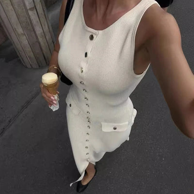Lora Elegant Sleeveless Single-Breasted Ribbed Knitwear Long Dress For Women High Waist Bodycon Knitted Fake Pocket Dress New