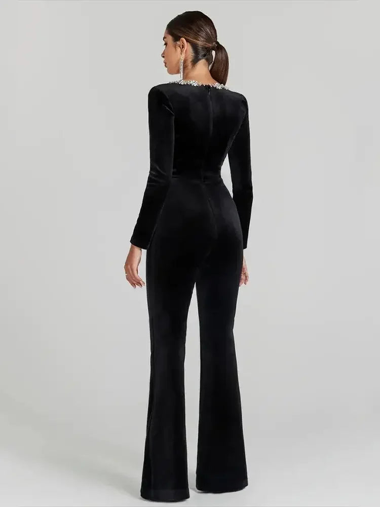 Ella Phantom Women's Black Bandage jumpsuit Square Neck Diamond High Waist Wide Leg jumpsuit Elegant Party jumpsuit - Celestia Couture