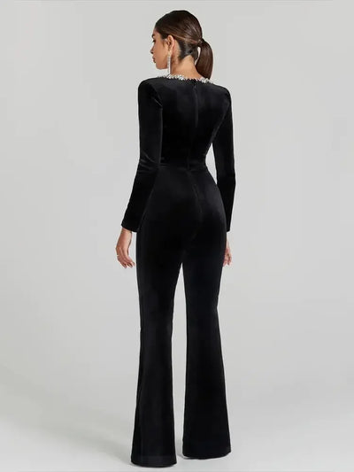 Ella Phantom Women's Black Bandage jumpsuit Square Neck Diamond High Waist Wide Leg jumpsuit Elegant Party jumpsuit - Celestial Couture
