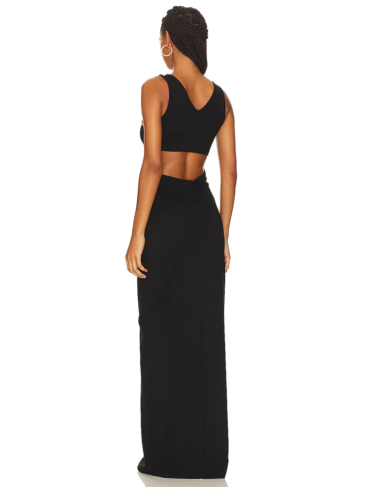 Stella Noir Sexy Sleeveless Cutout Lace Beading Long Dress Women Black Pearl Side Slit Bodycon Dresses Evening - Celestial Couture