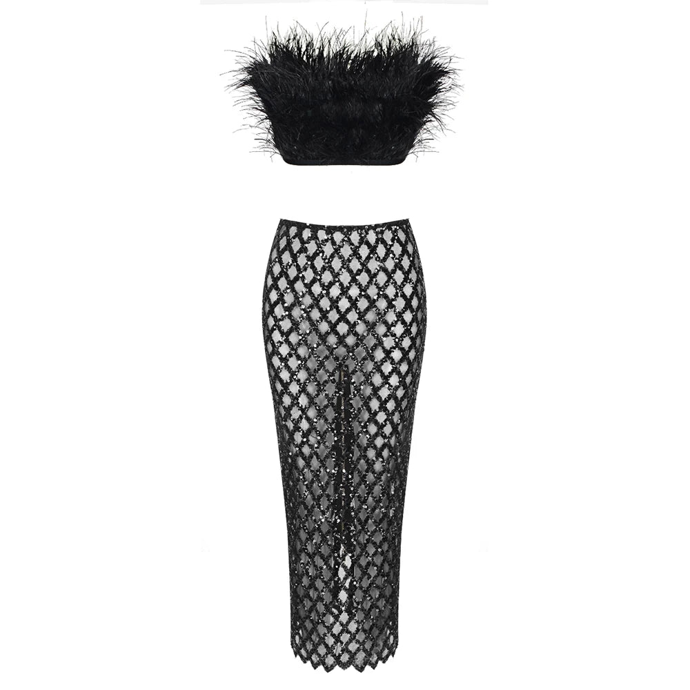 Feathered Elegance Two-Piece Party Set - Celestial Couture