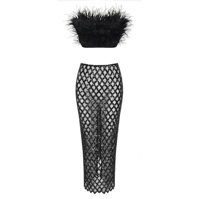 Feathered Elegance Two-Piece Party Set - Celestial Couture
