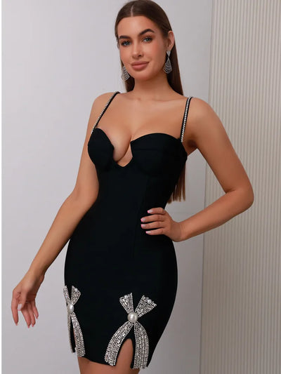 Midnight Allure Beaded V-Neck Mini Bodycon Dress - Celestial Couture