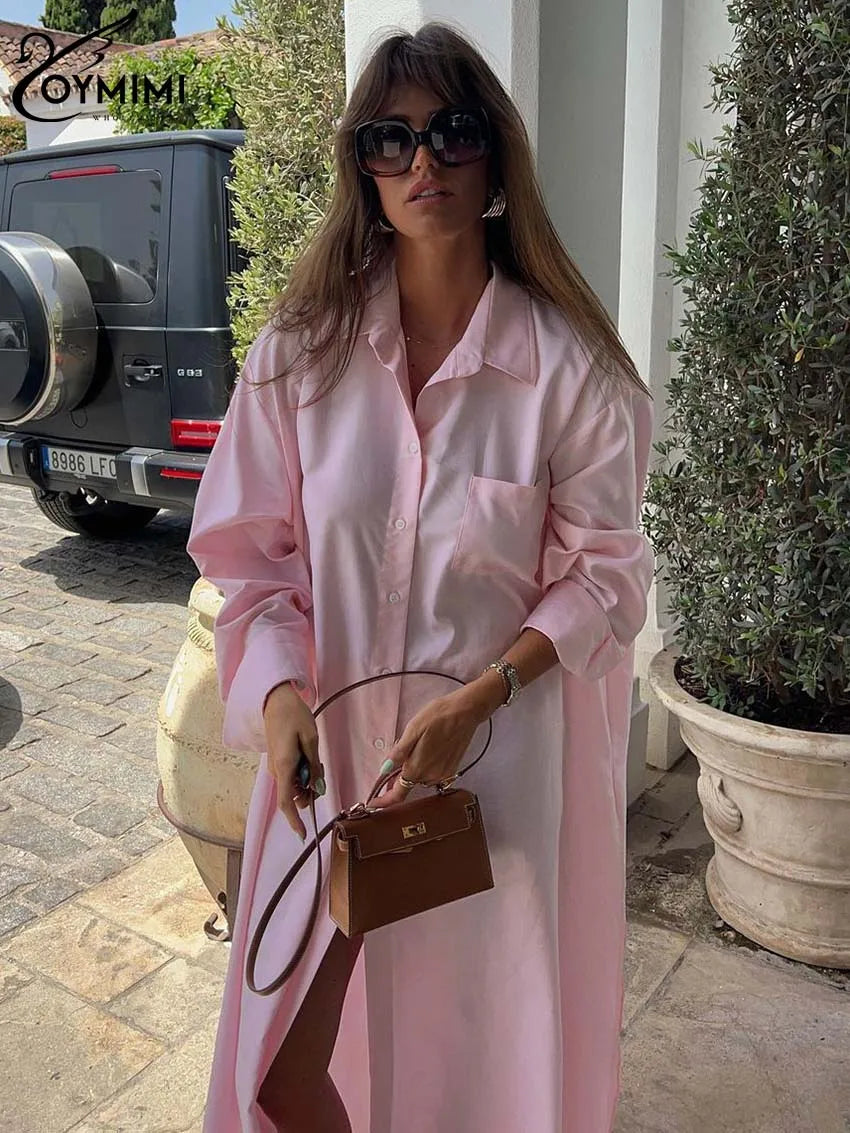 Charming Pink Long Sleeve Casual Dress for Women with Pockets and Elegant Side Slit - Floor-Length Fashion Statement - Celestia Couture